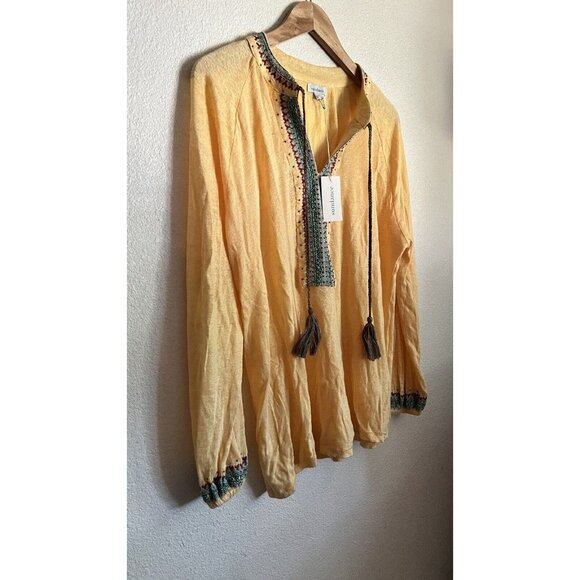 Sundance Catalog Embroidered Top Yellow Beaded Tassel Linen Long Sleeve, Large - Picture 3 of 6
